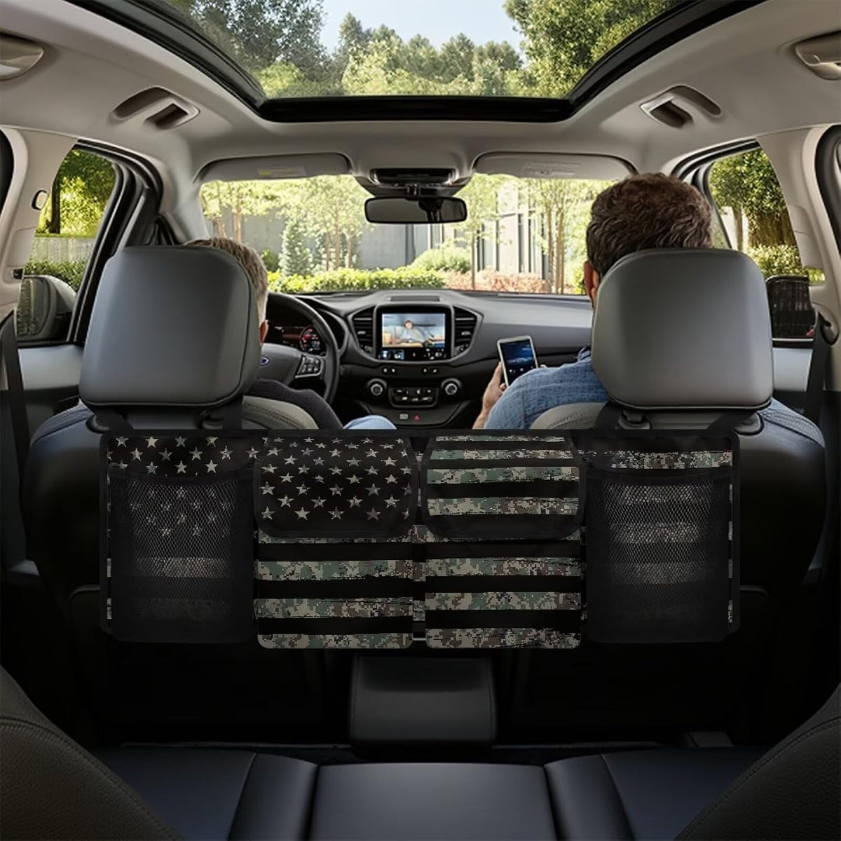 Patriotic Car Backseat Trunk Hanging Organizer for Men Suv Trunk Organizer Green Camo American Flag Cargo Storage Bag,4 Compartments