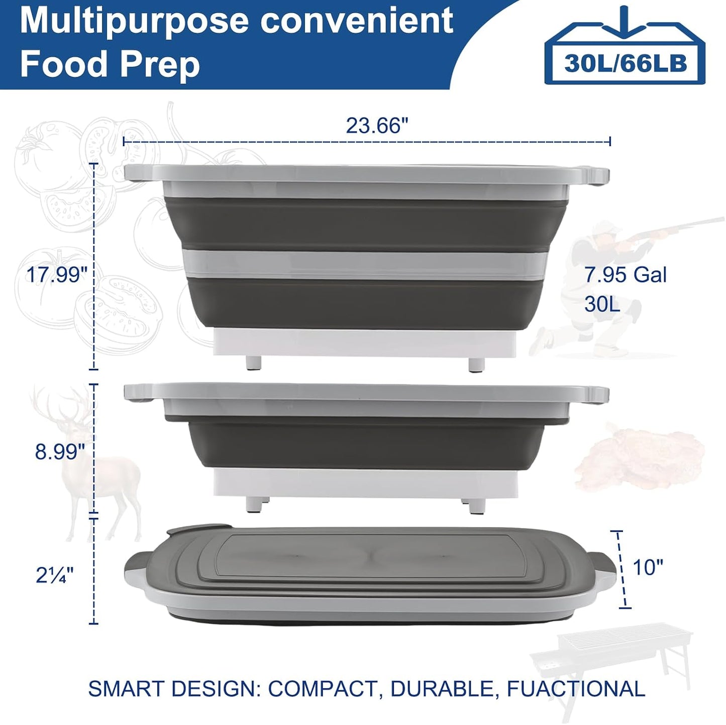 BBQ Prep Tub Collapsible with Cutting Board & Lid XXL 7.95 Gal / 66 lb Meat Marinating Basin & Barbecue Utensils - Grill Carry System - Outdoor - Gift for World Cup 2026