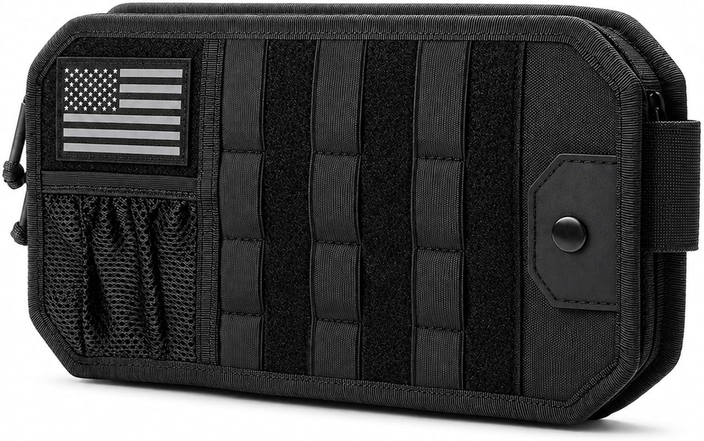 Molle Car Sun Visor Organizer,Car Accessories with Zipper Visor Storage Pouch&Glasses Clip&Adjustable Straps, Semi-Rigid Molle Panel for Tactical Gears, Fits Most Vehicles, SUVs (Black)