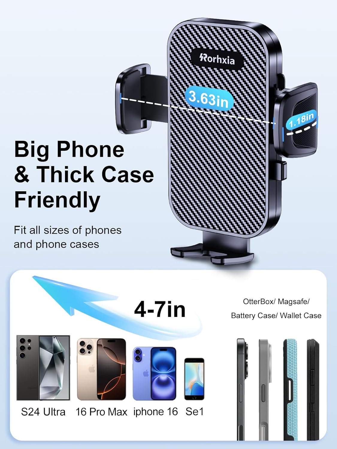 Rorhxia 3-in-1 Phone Mount for Car [2026 Most Stable and Flexible Suction Cup] Vent Dashboard Windshield Cell Phone Holder Car Fit for iPhone, Samsung, All Phone