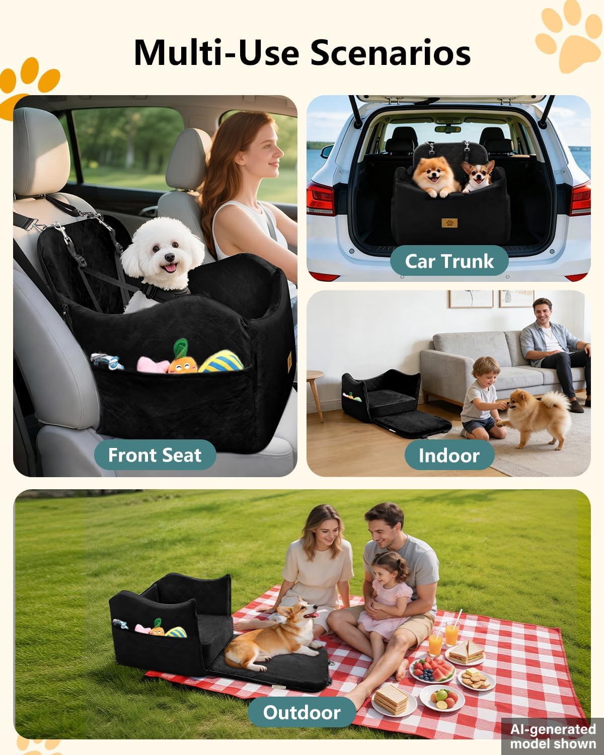 Dog Car Seat for Small/Medium Dogs Up to 35 lbs, 2-in-1 Pet Car Seat with Memory Foam, Machine Washable Dog Bed for Cars, Non-Slip Pet Booster Carseat with Safety Leashes, Storage Pockets (Black)