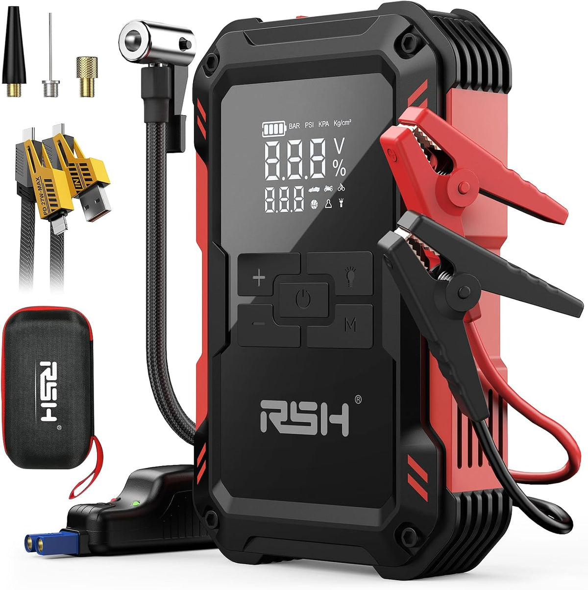 RSH Jump Starter with Air Compressor 4000A Peak Car Battery Jump Starter 150PSI Inflator Auto Booster 15000mAh Jump Box (up to 10L Gas,8L Diesel Engine) with LED Light,Quick Charger USB-C