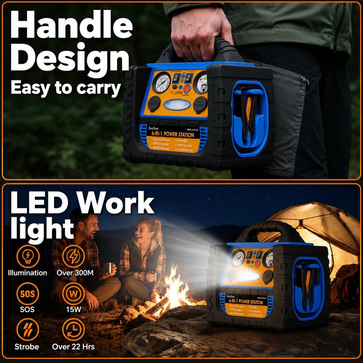 Car Jump Starter with Air Compressor, 2200A Battery Booster Pack for Up to 8.5L Gas & 8.0L Diesel, 150PSI Tire Inflator, 400W Portable Power Station with AC Outlet, 6-in-1 Jump Box for Cars, Trucks