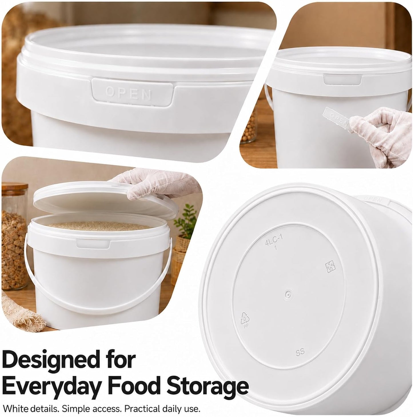 DEMORA 4 Pack 1.6 Gallon Food Grade Storage Buckets with Lids, White | BPA-Free & Stackable, Leakproof Freezer Safe; For Deli, Ice Cream, Meal Prep, Cleaning, Car Wash & Fishing