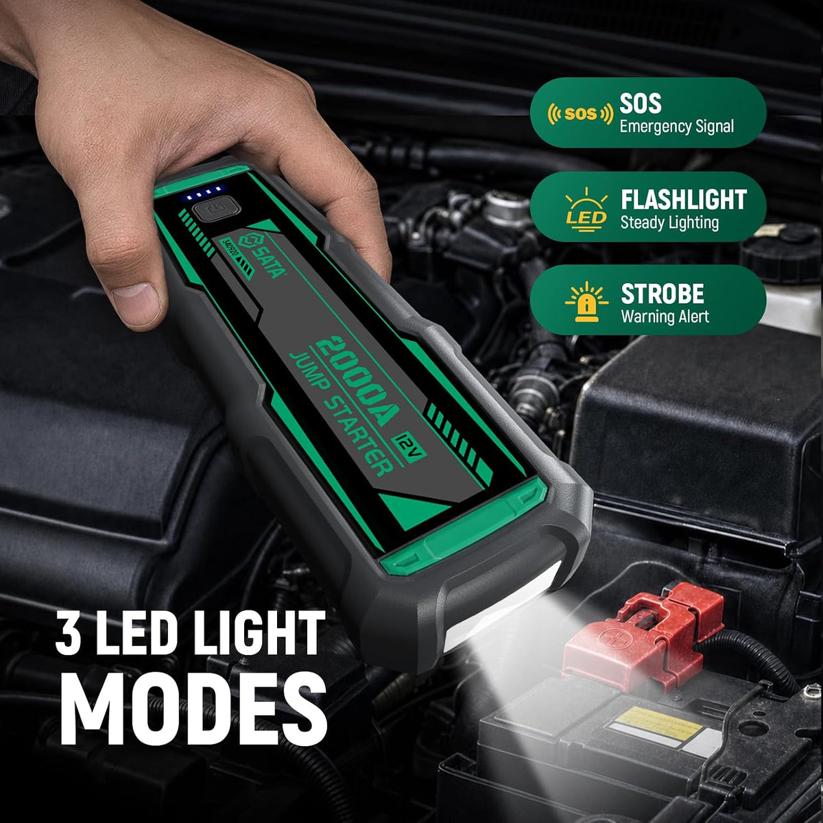 SATA 2000A Car Battery Jump Starter, 88.8Wh Power Pack for 12V Vehicles