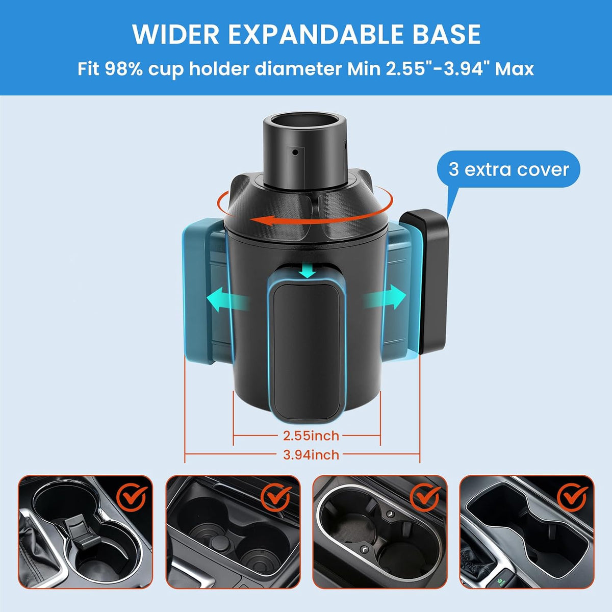Octomo Car Cup Holder Expander, Hold 2.9" to 5.5" Large Bottles