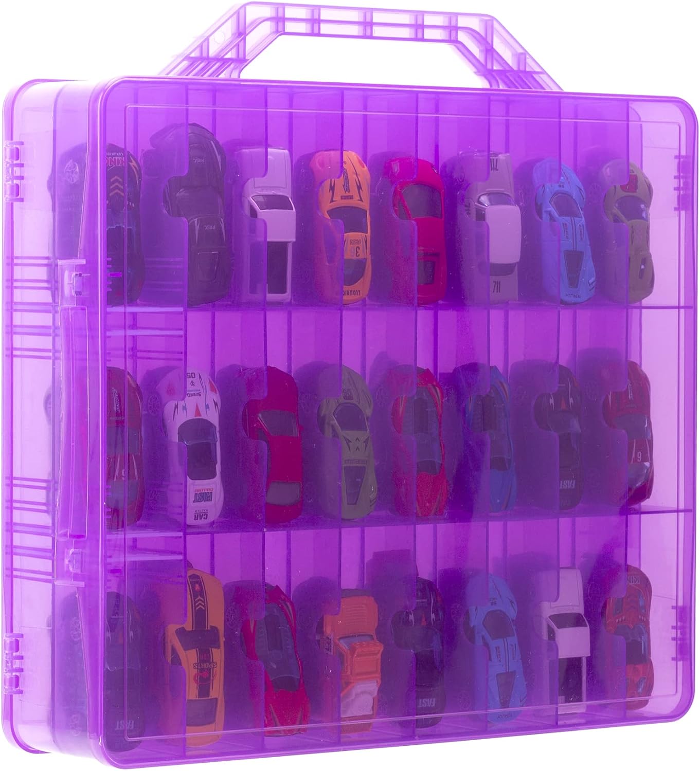 Double Sided Toy Car Storage Case for 48 Toy Cars, Matchbox Cars, Mini Toys, Small Dolls, Portable Transparent Storage Case for Toy Cars, Matchbox Cars with 48 Compartments, Case Only