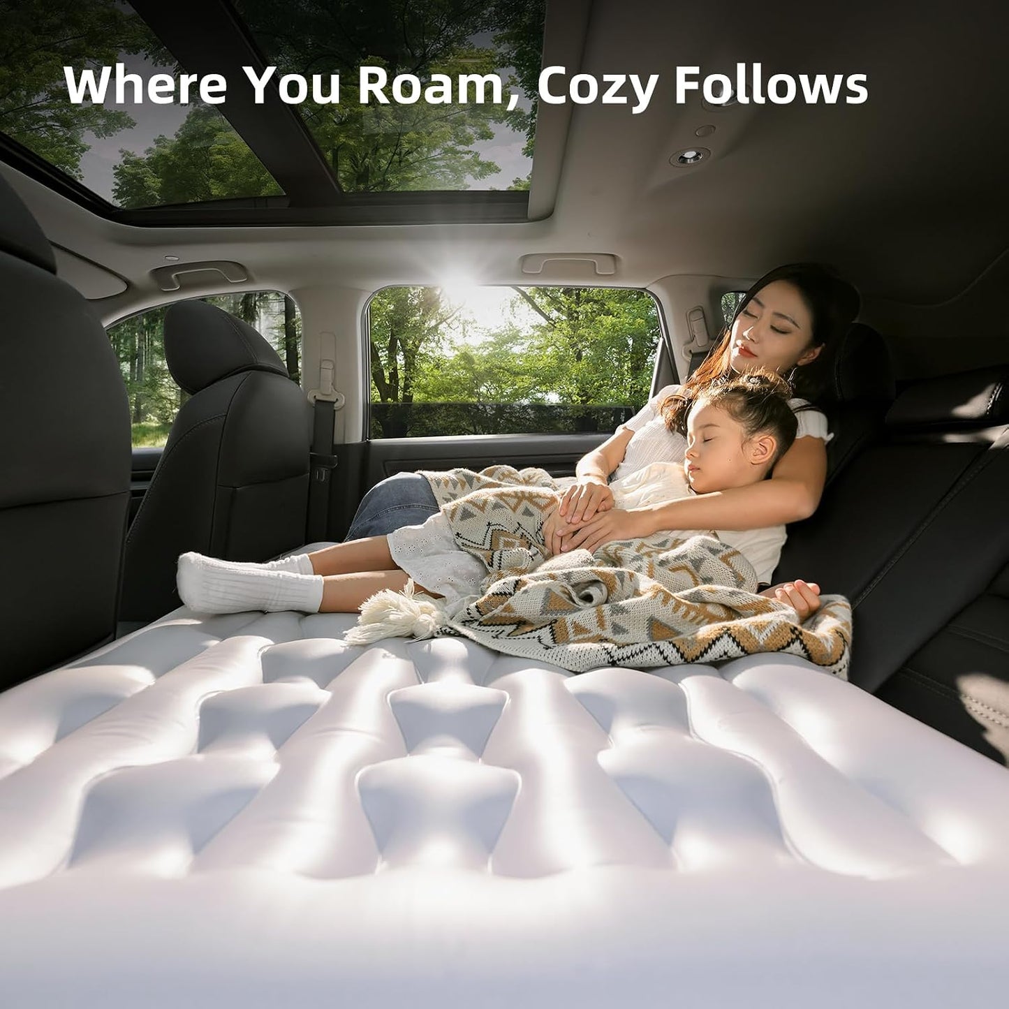 Car Back Seat Air Mattress - Universal Fit SUV/Sedan, Inflatable Camping Mattress with Built-in Pump & Air Support Column, Portable True Flat Gap-Filling Car Bed for Sleeping Roadtrip Travel