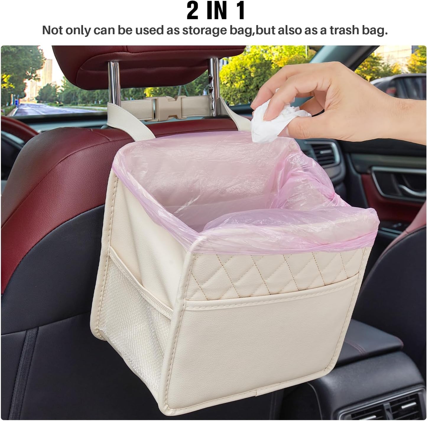 LXUNYI Back Seat Car Organizer, Large Car Seat Organizer with Cup Holders Multifunctional Over the Car Seat Organizer Backseat Hanging Leather Car Seat Organizers and Storage Bags(Beige 1Pack)