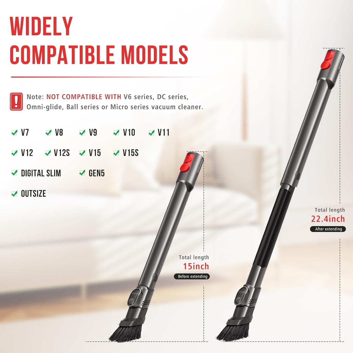 Extendable Flexible Crevice Tool Compatible with Dyson V7 V8 V10 V11 V12 V15 Gen5 Vacuum, Quick Release Slim Nozzle for Hard-to-Reach Gaps, Replacement Part 971433-01, Home & Car Cleaning Attachment