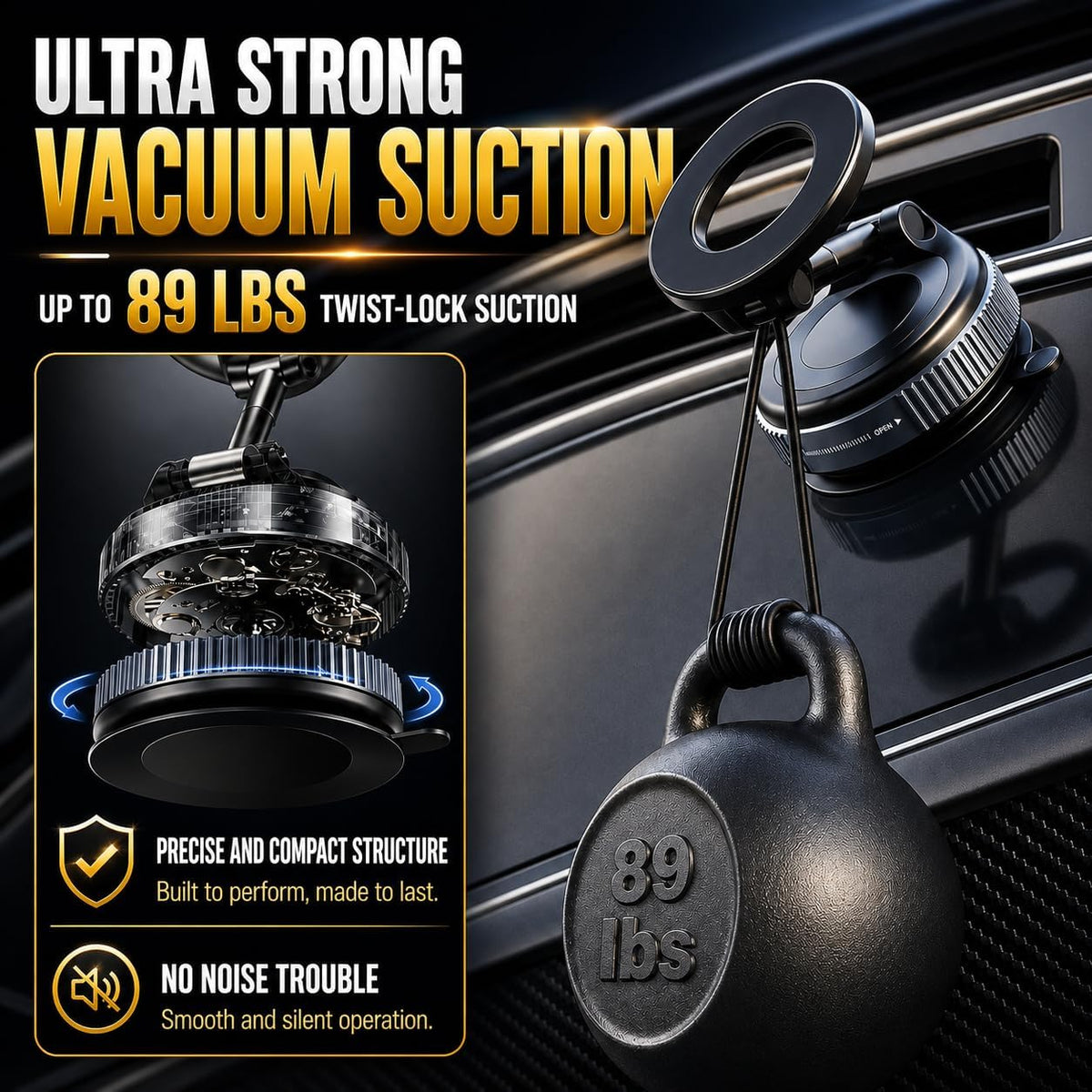 Magnetic Phone Holder for Car – 360° Rotation Vacuum Suction Mount – Strong Magnetic Dashboard & Windshield Phone Stand Compatible with iPhone, Samsung, Google Pixel & All Smartphones