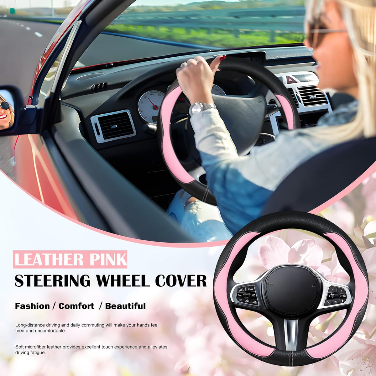 SuperKaKa Car Steering Wheel Cover 2025, Universal Auto PU Cute Breathable Slip-Proof Comfort Imitation Leather Protector Cars Interior Accessories for Women Men Fit Most Vehicle (Pink)