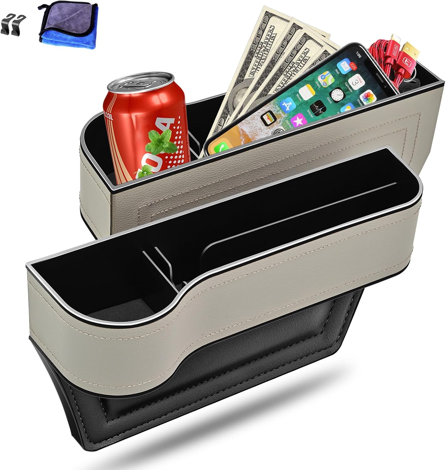 Car Seat Gap Filler Organizer, 2 Pack Multifunctional Car Seat Organizer, Auto Console Side Storage Box with Cup Holders 2 Seat Hooks for Drink, Car Organizer Front Seat for Holding Phone, Sunglasses