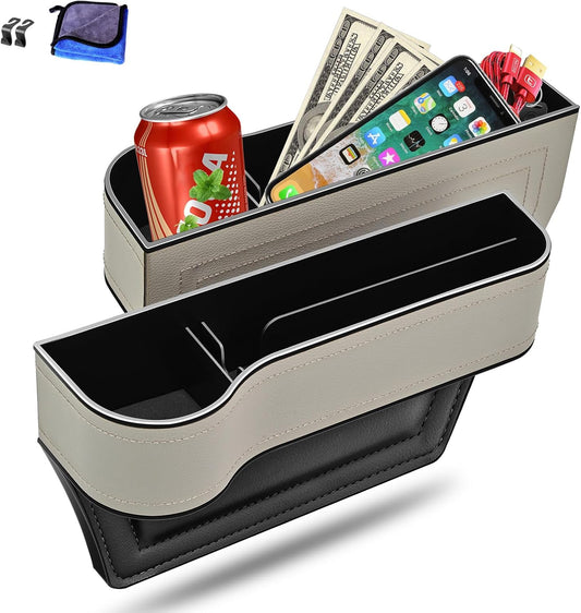 Car Seat Gap Filler Organizer, 2 Pack Multifunctional Car Seat Organizer, Auto Console Side Storage Box with Cup Holders 2 Seat Hooks for Drink, Car Organizer Front Seat for Holding Phone, Sunglasses