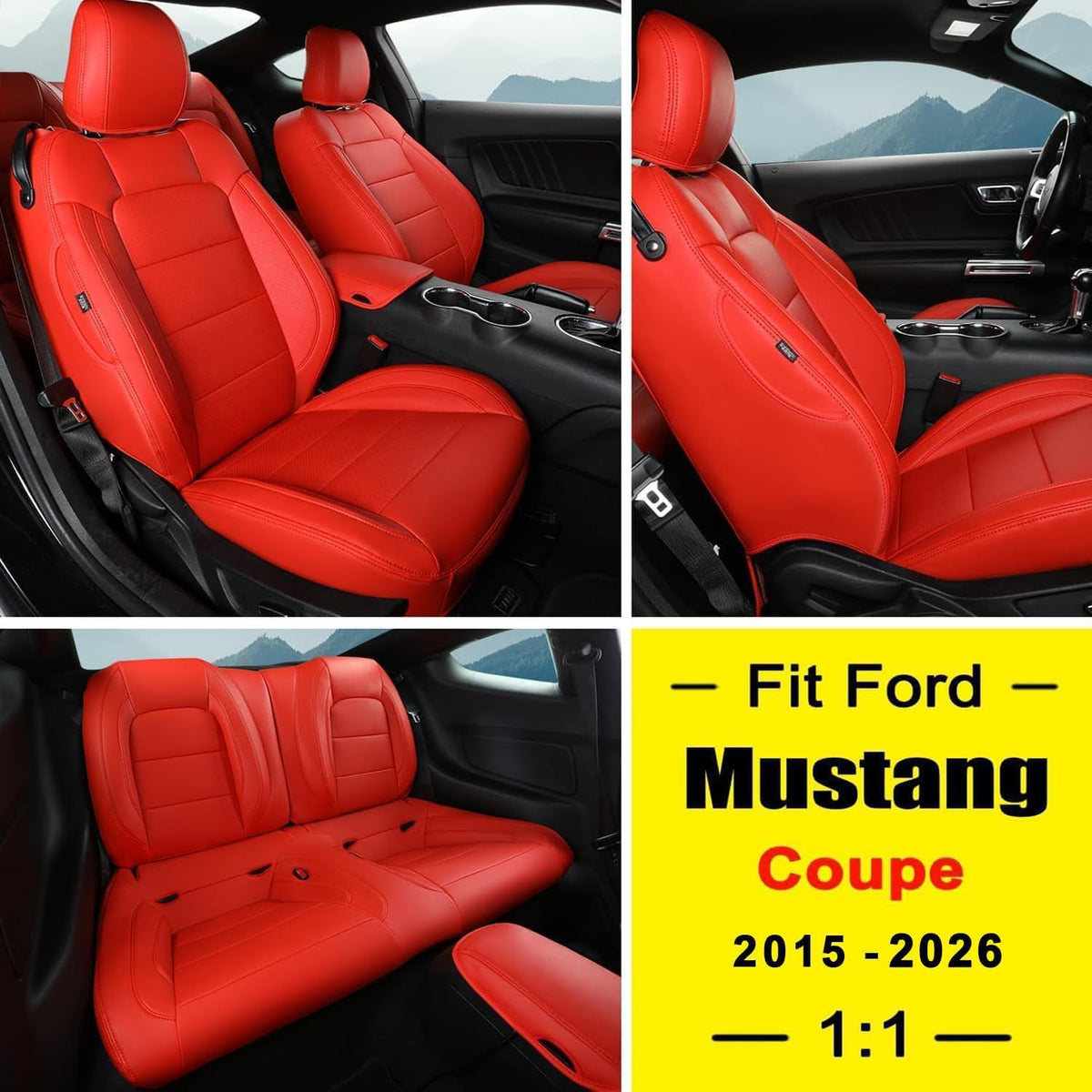 GIANT PANDA Customized Full Set Car Seat Covers Fit Ford Mustang Coupe Hardtop 2015 2016 2017 2018 2019 2020 2021 2022 2023 2024 2025 2026- (Red)