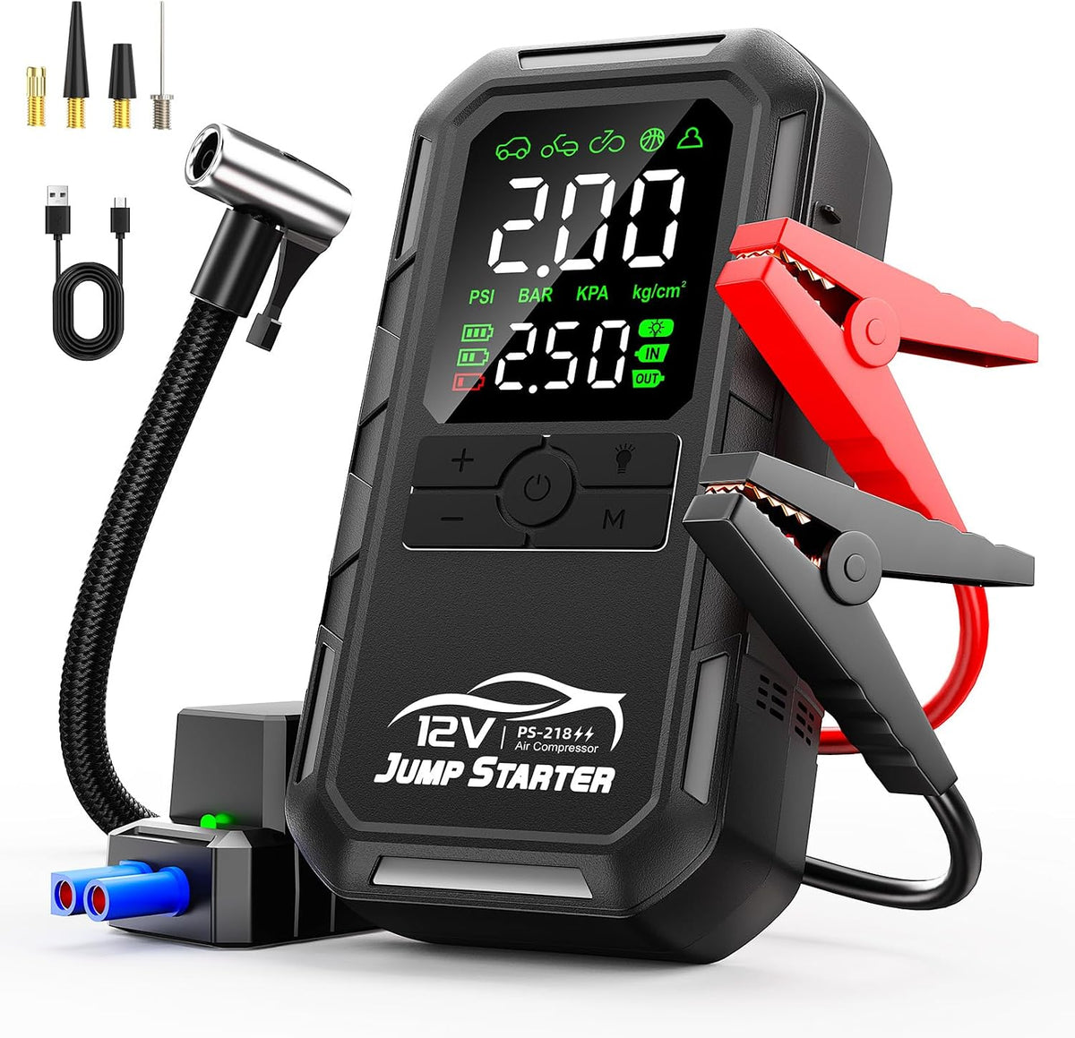 10-in-1 Car Battery Jump Starter with Air Compressor 8000A 160PSI Portable Car Jumper Starter (All Gas 12L Diesel), 12V Jump Box Car Battery Jump Starter Portable Jumper Cables, Lights (8000A)