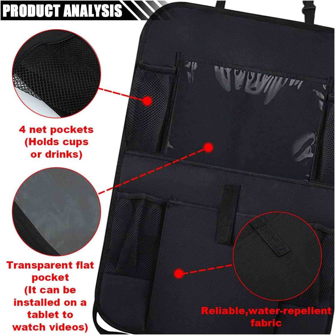2PCS Car Backseat Organizer with Clear 10" Tablet Holder + 5 Storage Pockets - Seat Back Protector Kick Mats for Kids - Car Back Seat Storage Organizer - Road Trip Essentials Travel Accessories