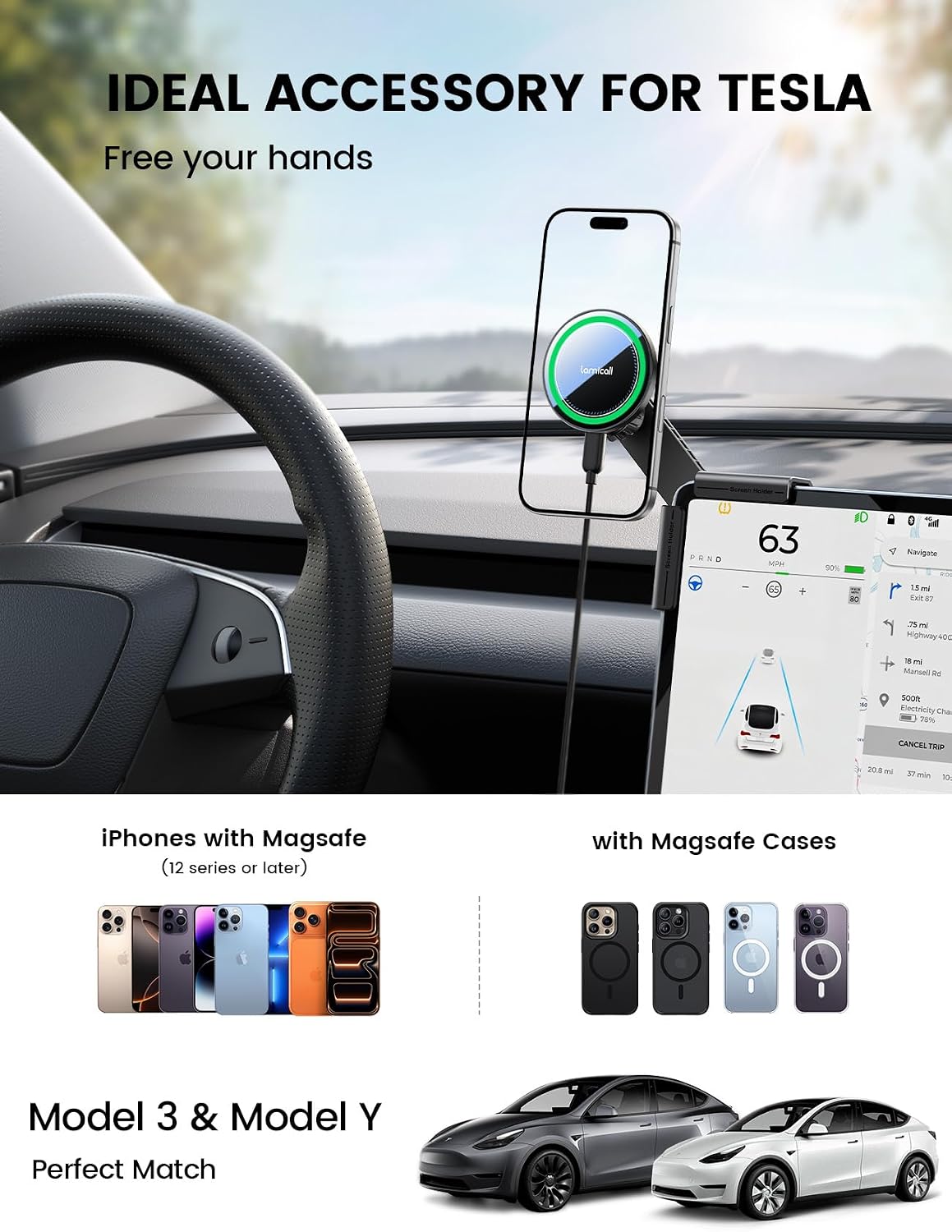 Lamicall Tesla Phone Mount Charger for Model 3 and Y Strongest N55 Magnet