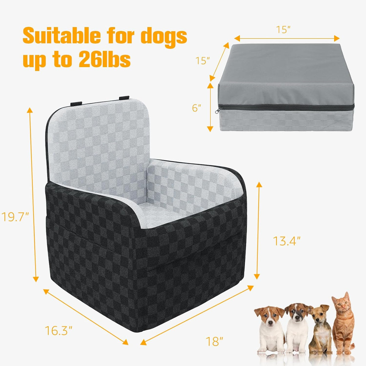 PETICON Waterproof Dog Car Seat for Small Medium Dogs, 6in Memory Foam Pet Booster Seat for Dogs up to 26 lbs with Pockets, Detachable Washable Pet Carseat with Y-Shape Safety Belt