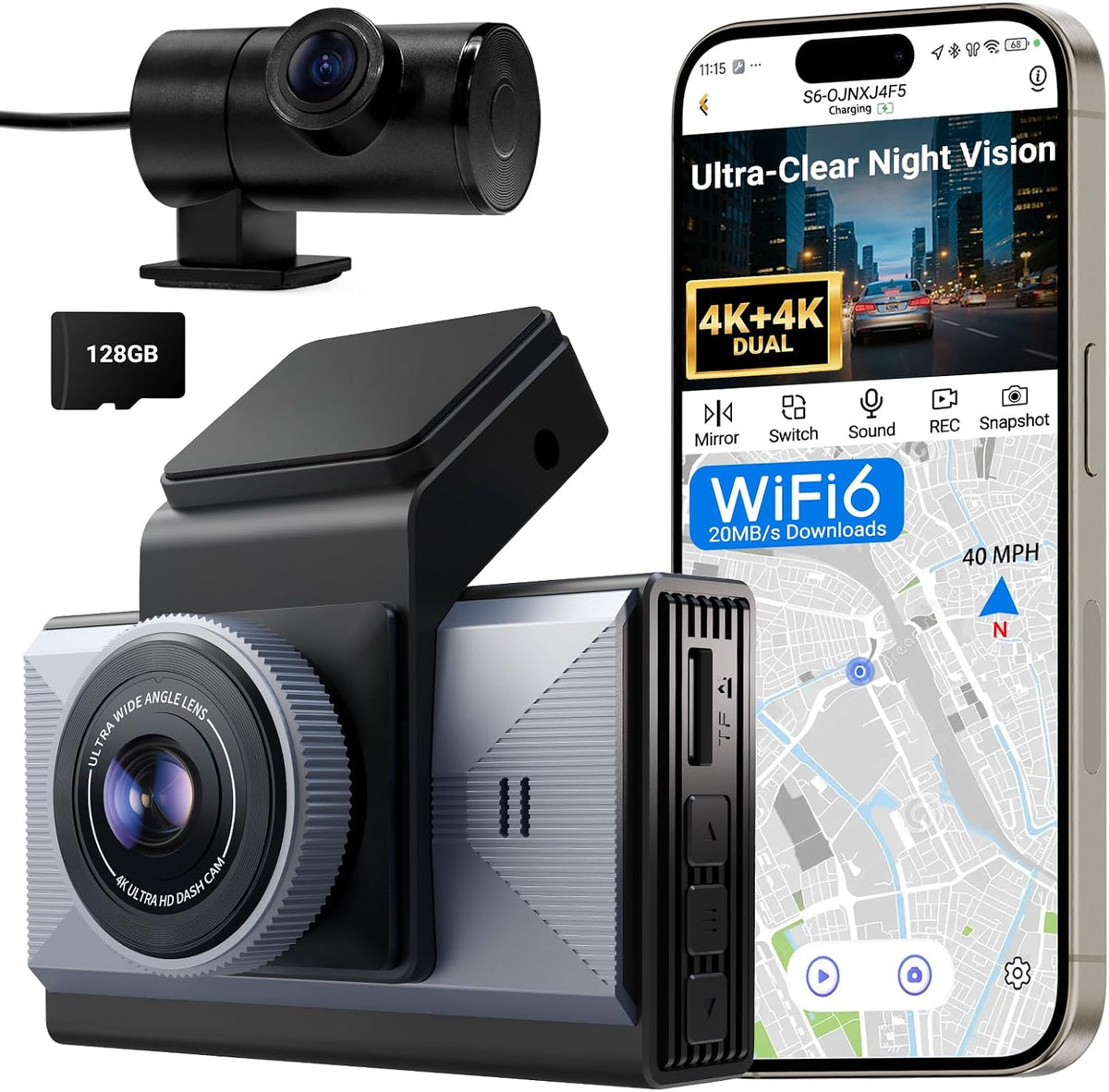 4K+4K Dash Cam Front and Rear, Enhanced Night Vision, Included 128GB Card