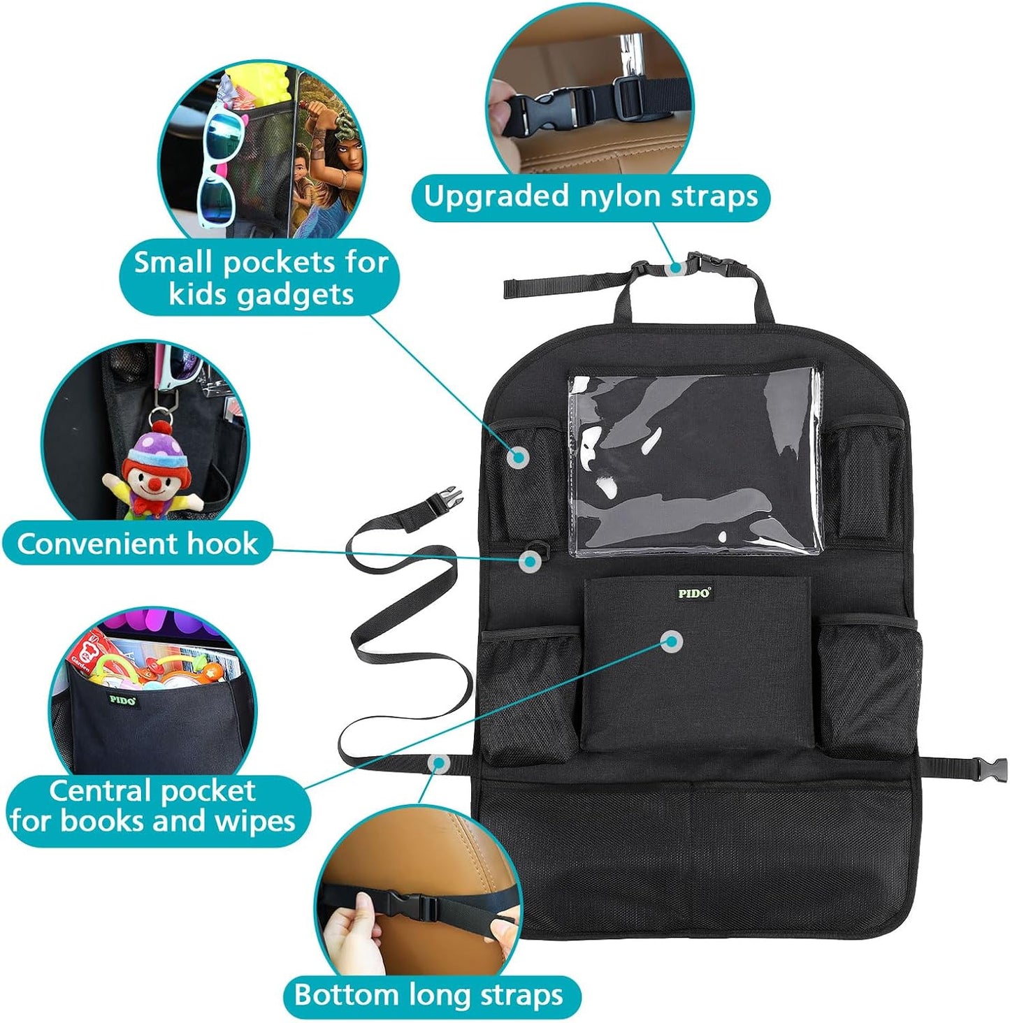 PIDO Backseat Car Organizer, 2 Pack Car Seat Organizer for Kids with Touch Screen Tablet Holder and 8 Pockets, Automotive Seat Back Kick Mat Made with Heavy Duty Fabric, Road Trip Essentials, Black