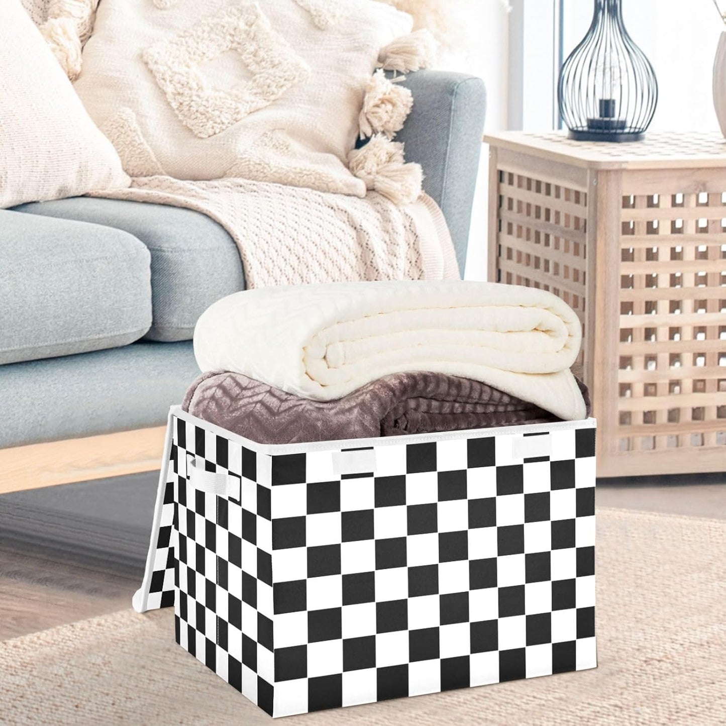 CaTaKu Large Fabric Storage Bins With Lids,Checkered Racing Flag Storage Boxes With Handles for Organizing Clothes, Collapsible Decorative Storage Cube Bins Baskets for Shelves