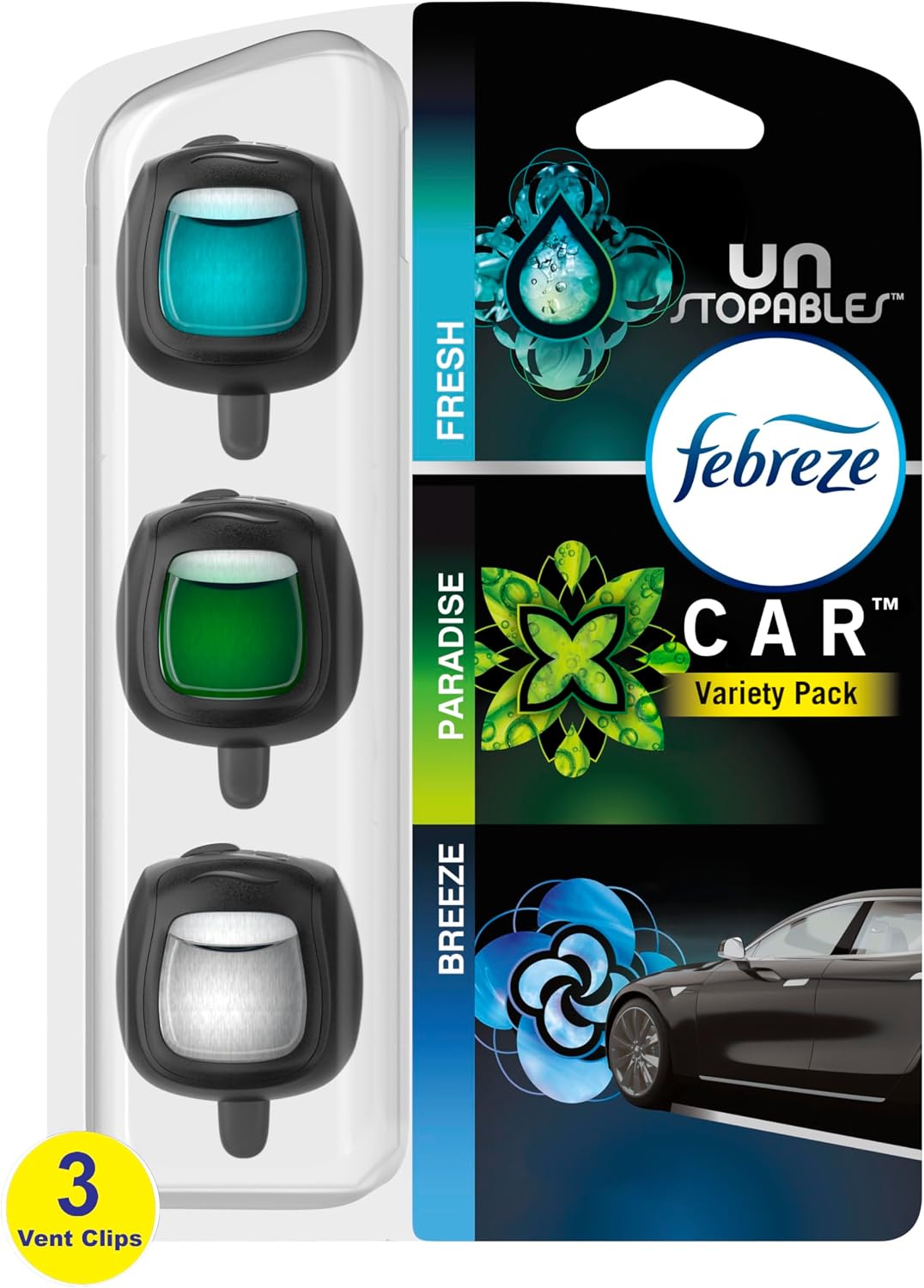 Febreze Car Air Freshener Odor-Fighting Car Vent Clip, Unstopables Variety Pack, 3-Count Pack of 3
