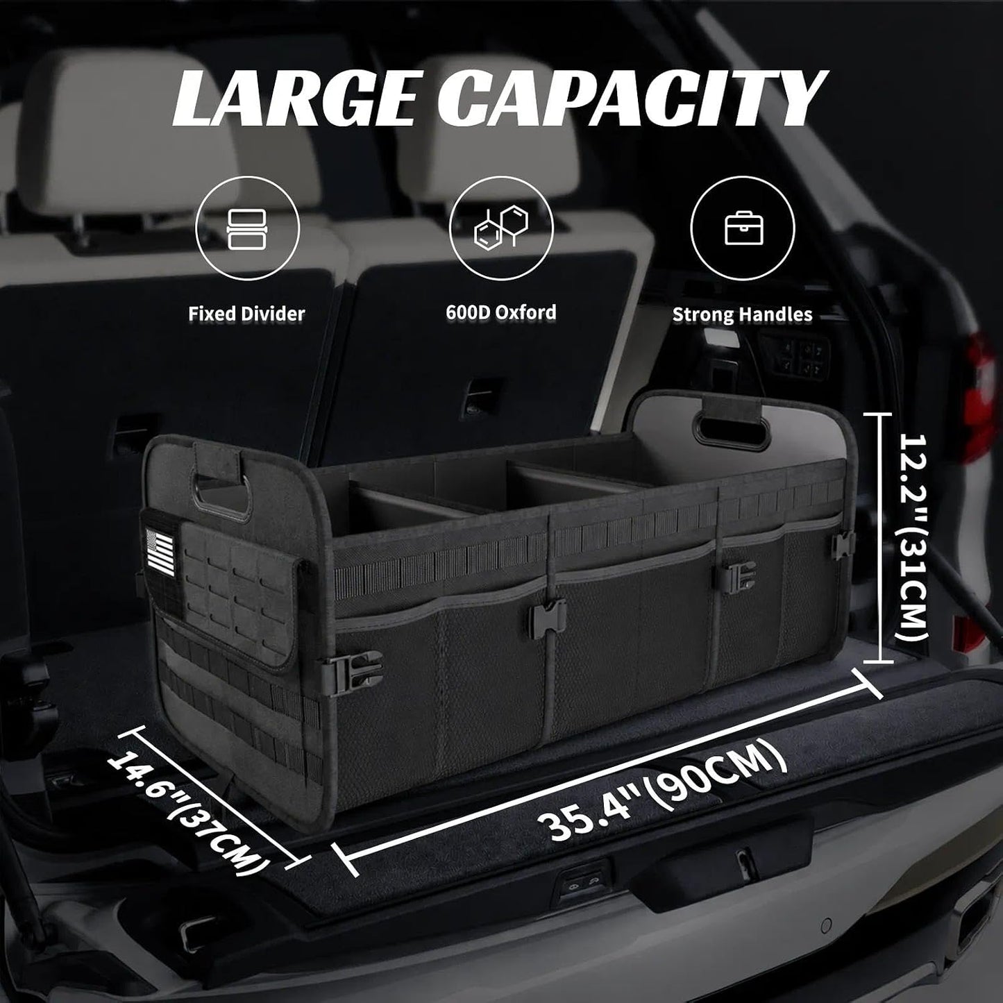 Sposuit Car Trunk Organizer for SUV - 105L Collapsible Tactical MOLLE Car Storage with Reinforced Handles & Multiple Pockets, Sturdy Trunk Organizers for Groceries, Tools & Outdoor Storage (Black)