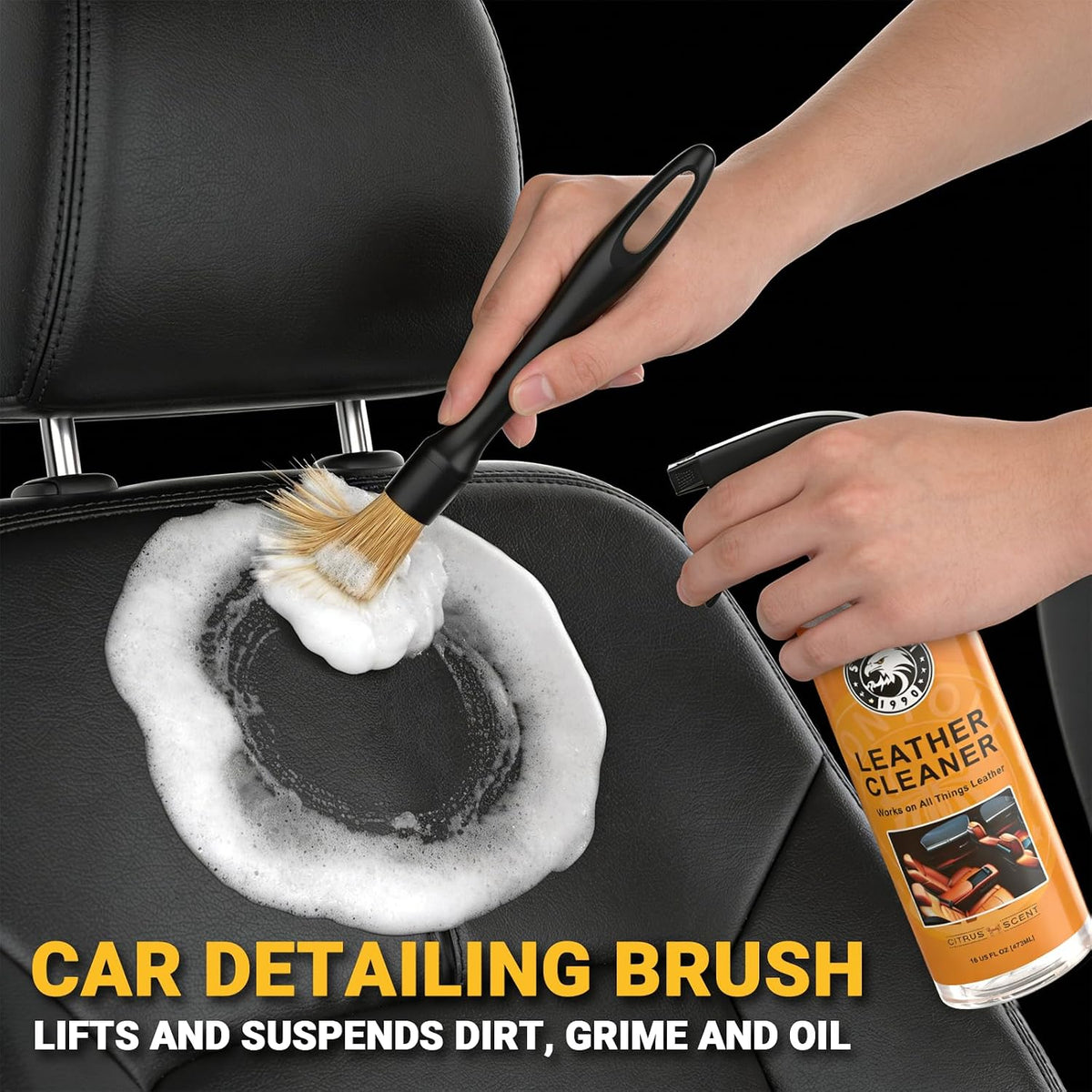 Car Leather Cleaner and Conditioner Kit, Leather Care Cleaning Kit with Horse Hair Cleaning Brush - Safe for Car Interiors, Furniture, Boots, Bags & Apparel - Deep Cleaning, Non-Greasy Restorer