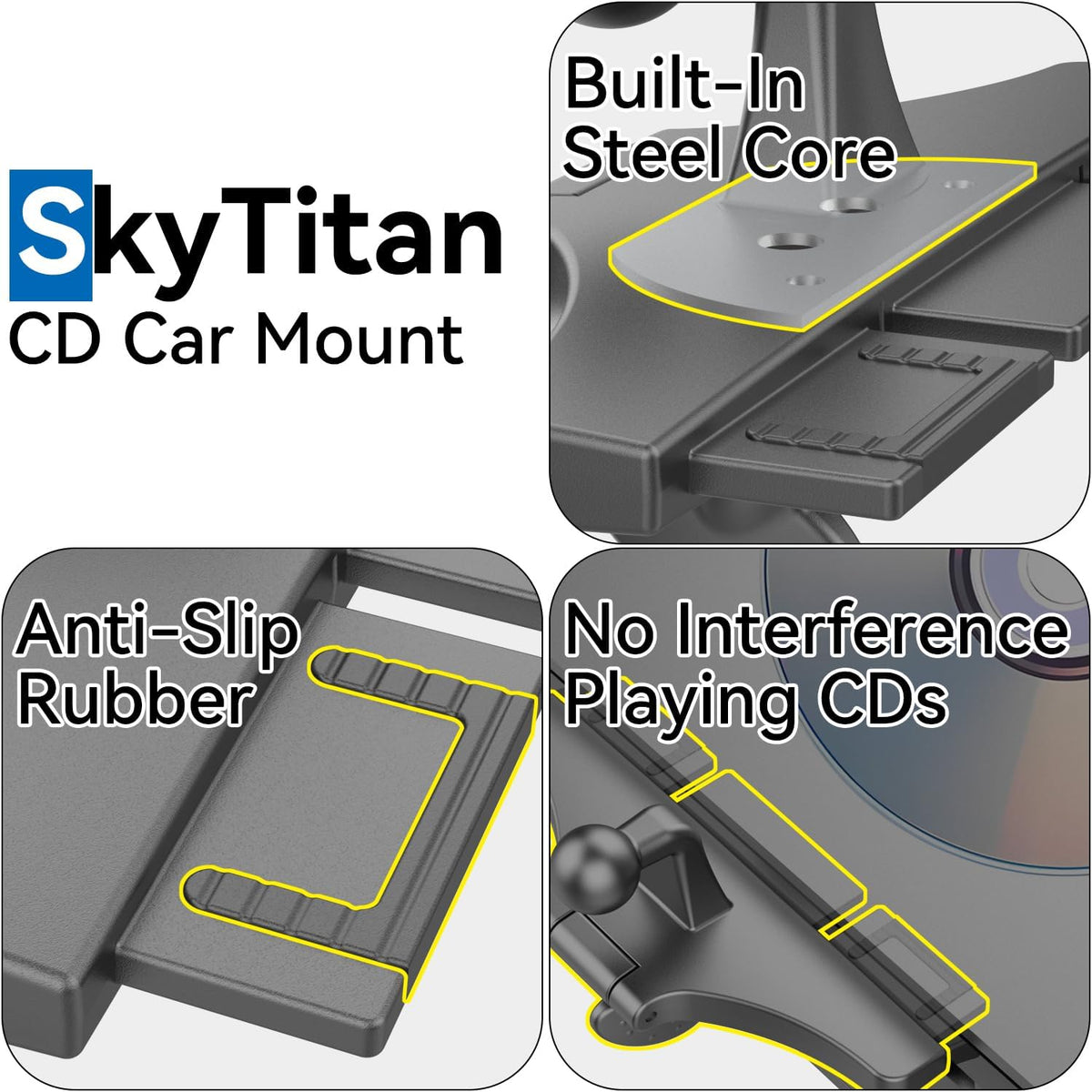 CD Slot Car Mount for Portable CarPlay Screens, Adjustable Angles, Low Profile and Sleek, Integrated Mounting Solution for in-Car Android Display Monitors (4-Tab Bracket Mount)