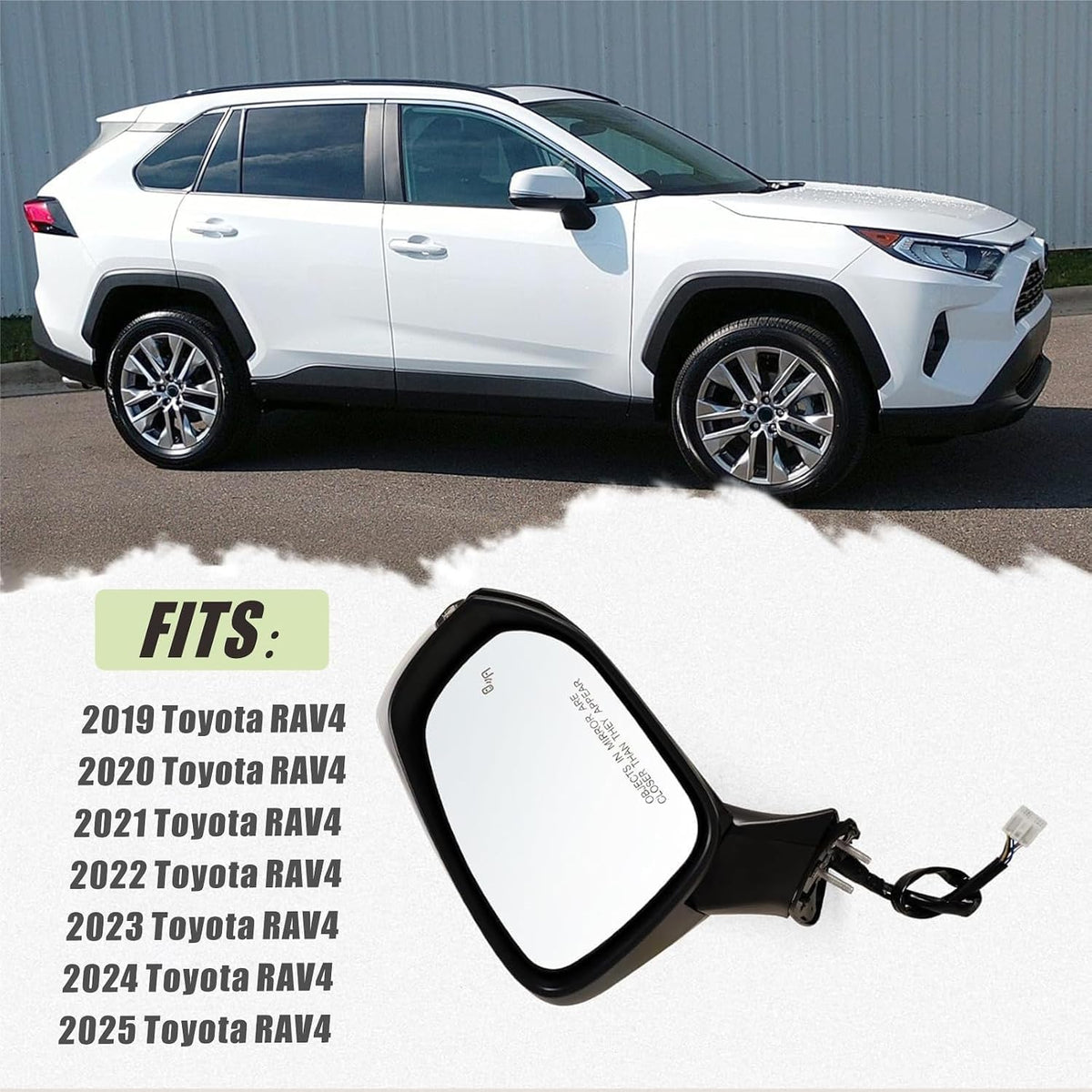 Right Passenger Side Mirror Fits 2019-2025 Toyota Rav4 with Power Heated Turn Signal and Blind Spot Match Super White Replace 879100R271(8 Pins)