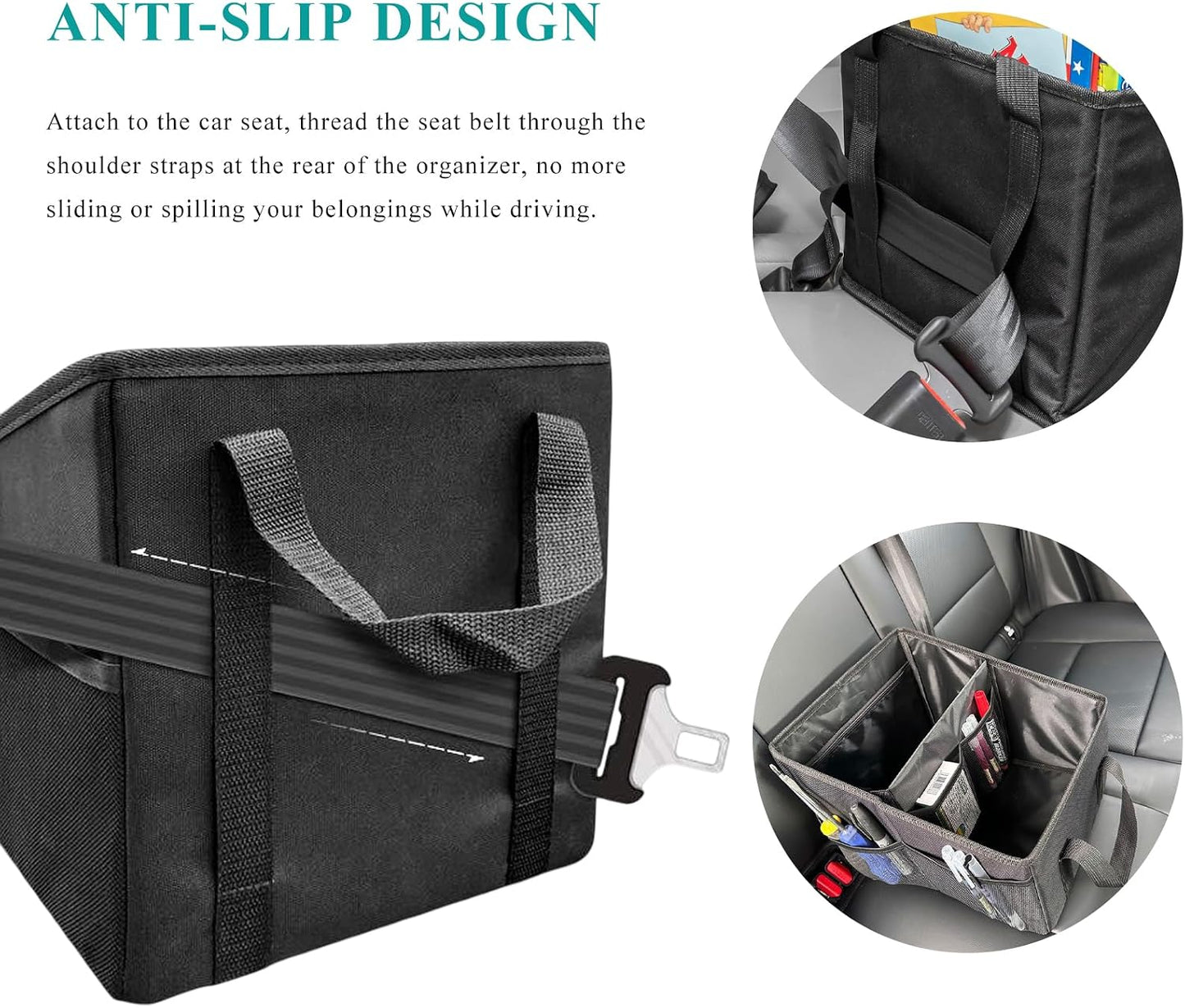 Car Seat Organizer, Collapsible Passenger Seat Organizer with Detachable Divider & Handle, Multiple-Pocket Car Storage Organization for Console Floor Front or Back Seats (Black)
