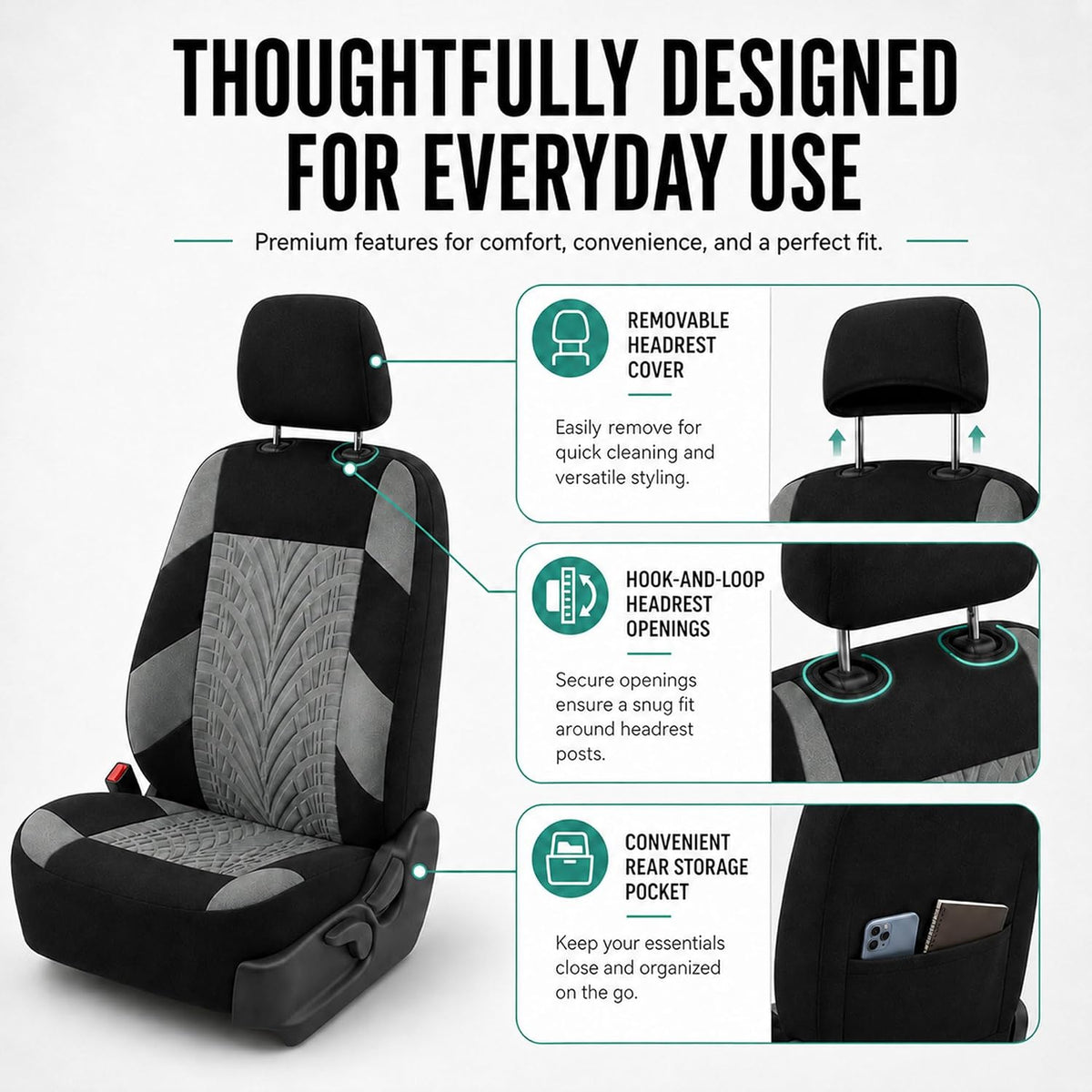 FH Group Full Set Travel Master Car Seat Covers, Airbag and Split Rear Car Seat Cover Universal Fit Interior Accessories for Cars Trucks SUV, Automotive Seat Covers, Gray