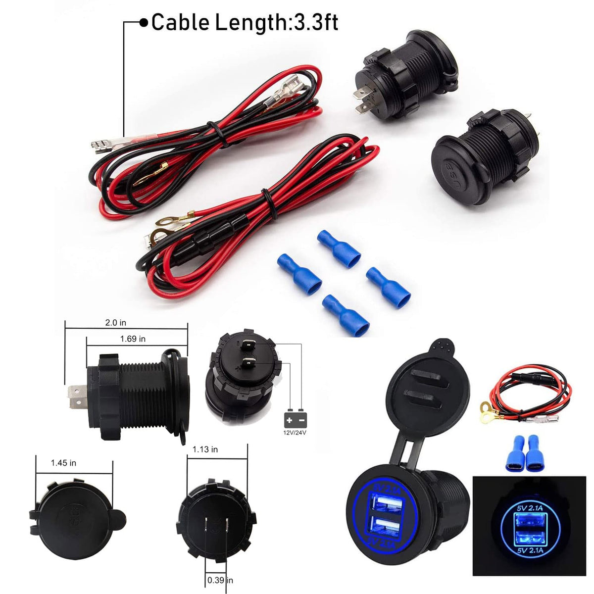 12V USB Outlet, Dual 2.1A Quick Charger Socket Waterproof for Car Boat