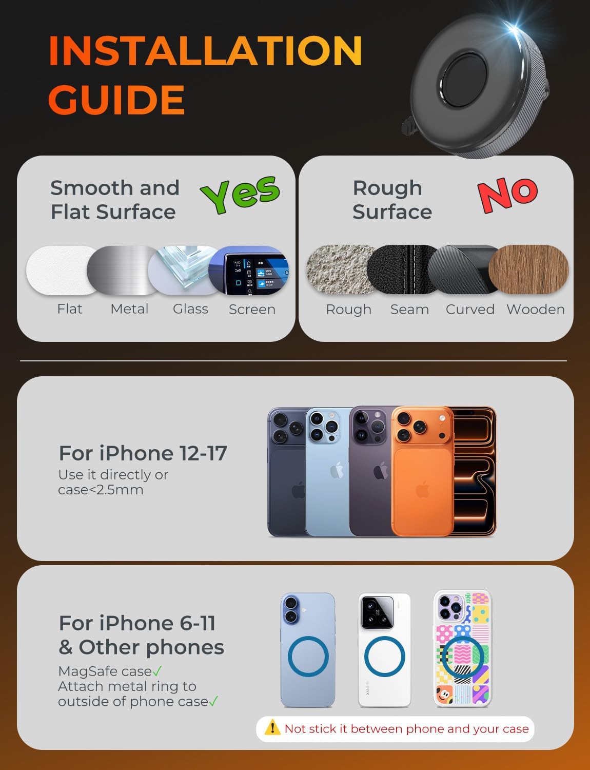 2-in-1 Detachable MagSafe Car Mount, Magnetic Phone Holder for Car