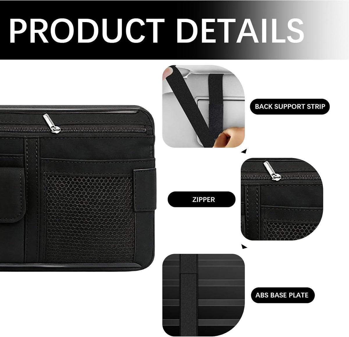 Car Sun Visor Organizer, Visor Accessories, Leather Sunvisor Pocket Organizer Case with Multi-Pocket Net Zipper, Waterproof Auto Sunshade Organizer Bag for Card Pen Sunglasses Document (Black)