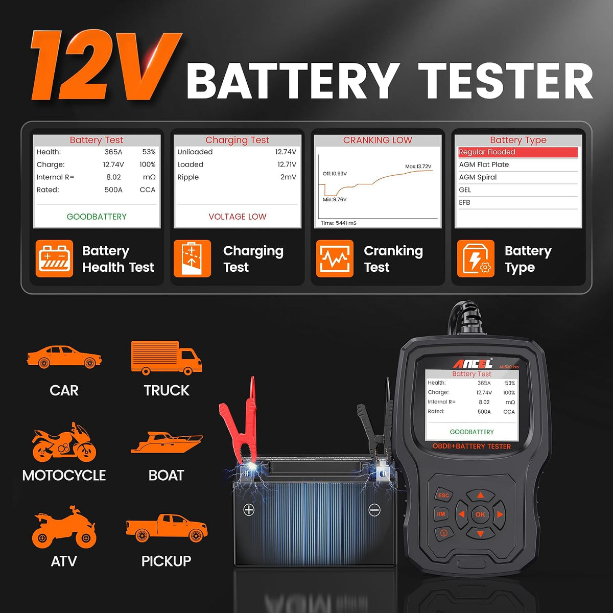 ANCEL AD530 PRO 2-in-1 OBD2 Scanner and 12V Battery Tester