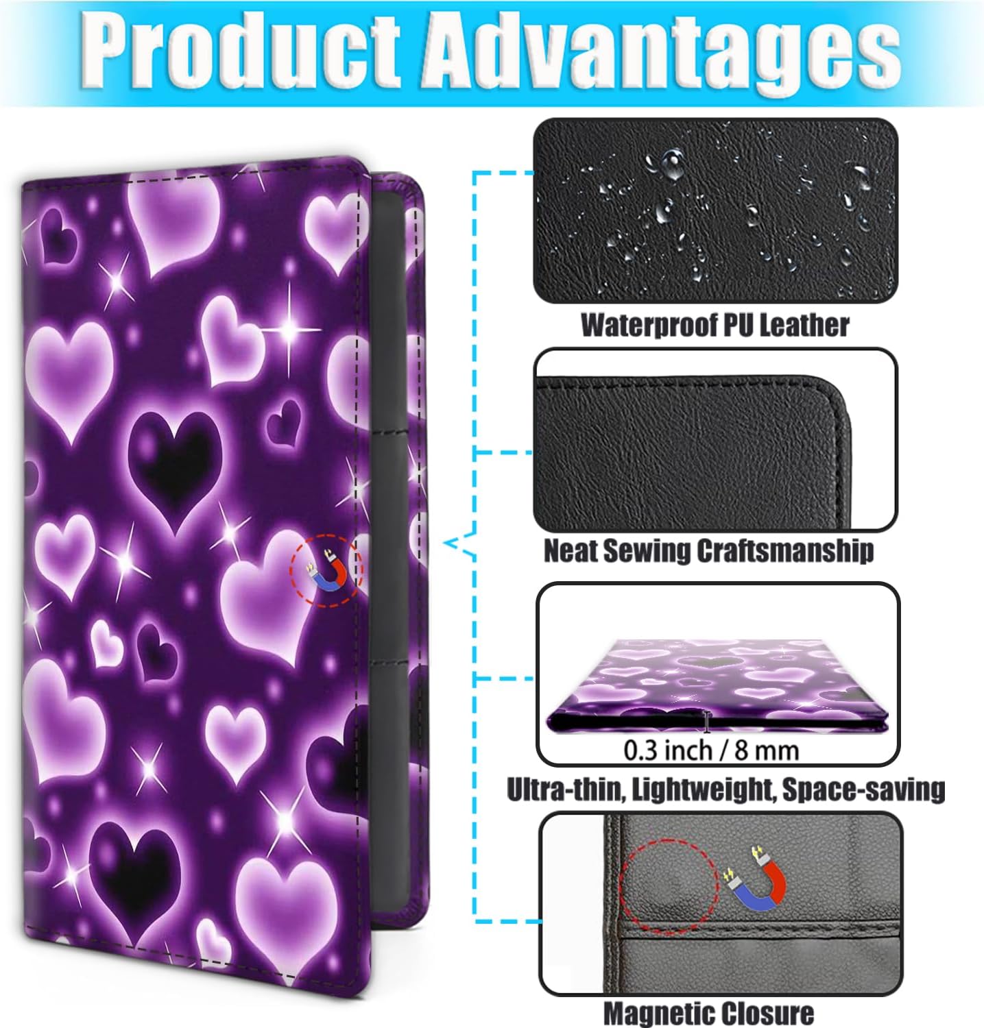 Car Document Holder with Magnetic Shut, PU Leather Car Registration & Insurance Card Holder for Driver License, Cards & Essential Documents, Vehicle Glove Box Organizer, Purple Heart Balloon Pattern
