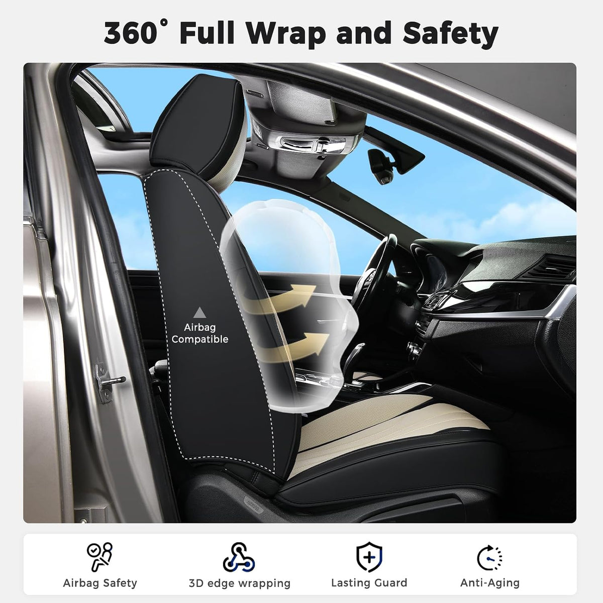 Huidasource Leather Car Seat Covers Full Set 5 Seats, Waterproof Faux Leather Front & Rear Seat Cover with Headrest, Non-Slip Automotive Seat Covers Fit for Most Cars Trucks SUV, Black&Beige