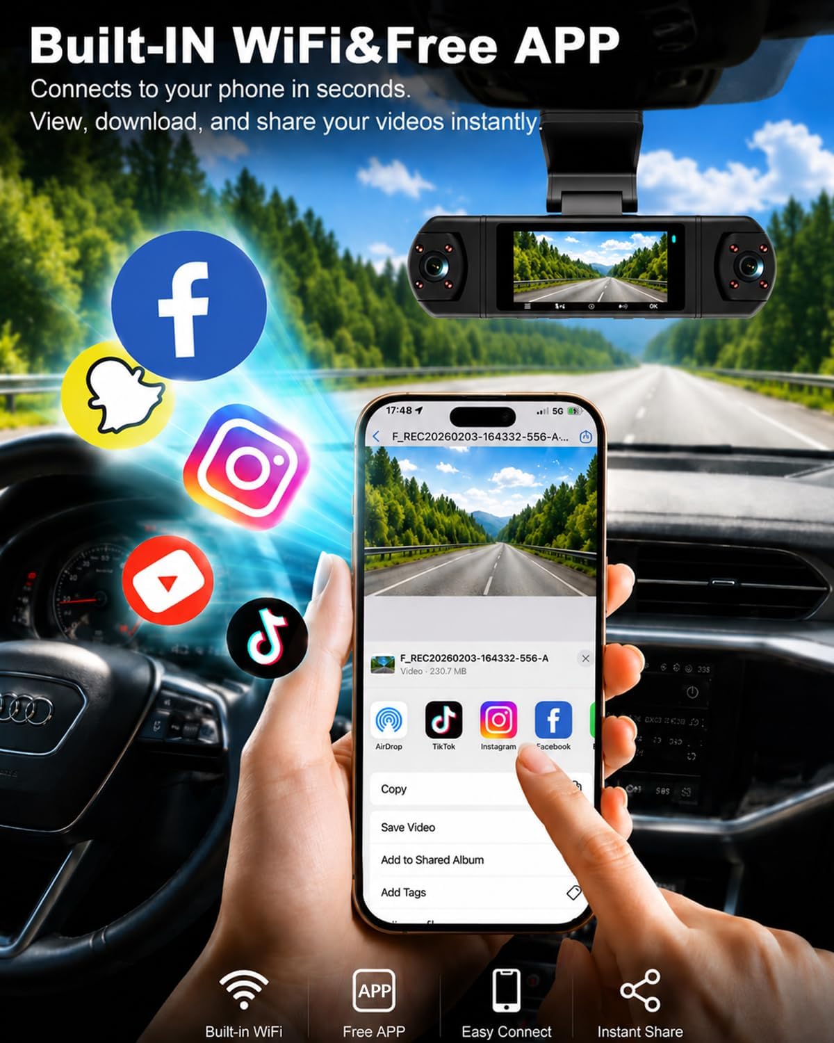 M998-3K Dash Camera for Cars,360° View 3K Front +Rear&Left & Right 1080P x3, 4 Channel Dash Cam, Voice Control,WiFi & APP Control,8 IR Lamps Night Vision,Free 64GB SD Card,G-Sensor,Parking Mode