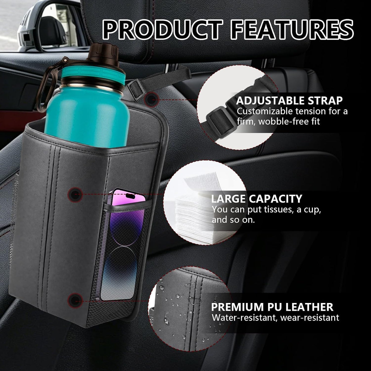 Car Tissue Holder, Leather Car Front Seat Side Tissue Holder, 1PCS