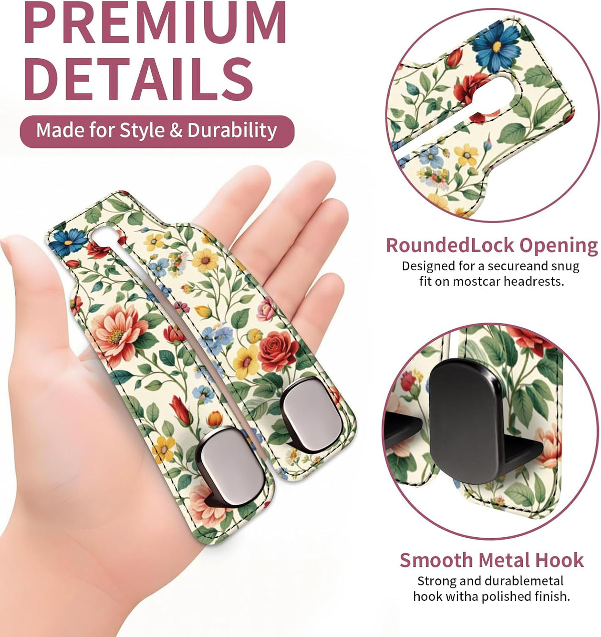 Car Seat Back Storage Hook, Funny Car Purse Hook, Cute Vehicle Storage Organizer for Purses Handbags Botanical Floral Pattern