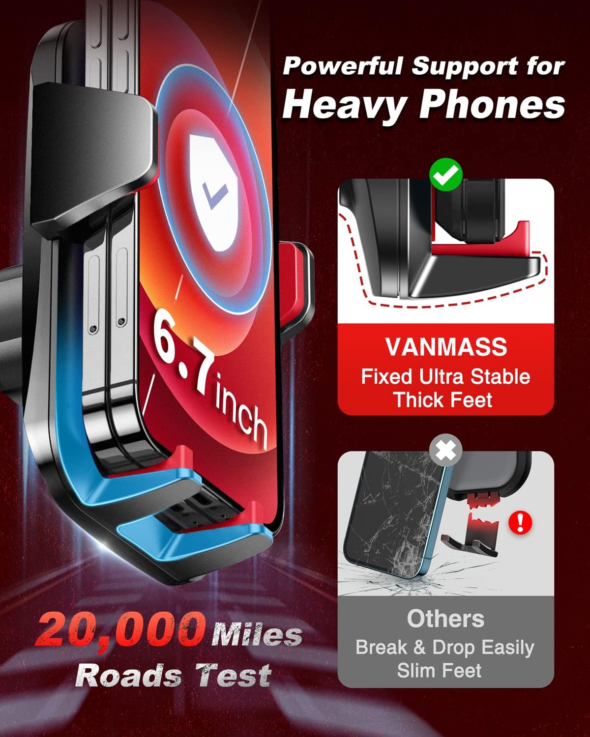 VANMASS【85+LBS Strongest Suction & Military-Grade Ultimate Car Phone Mount【Patent & Safety Certs】 Cell Phone Holder for Dash Windshield Vent for iPhone 17 Pro Max Automobile Interior Sets, Red