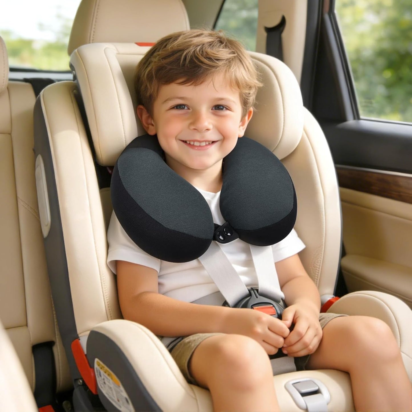 COOLBEBE Kids Travel Neck Pillow for Airplane & Car, Soft Breathable Fabric, Ergonomic Side Support for 3-12 Year Olds, Adjustable Snap Button, Travel Essential for Boys & Girls, Black & Grey