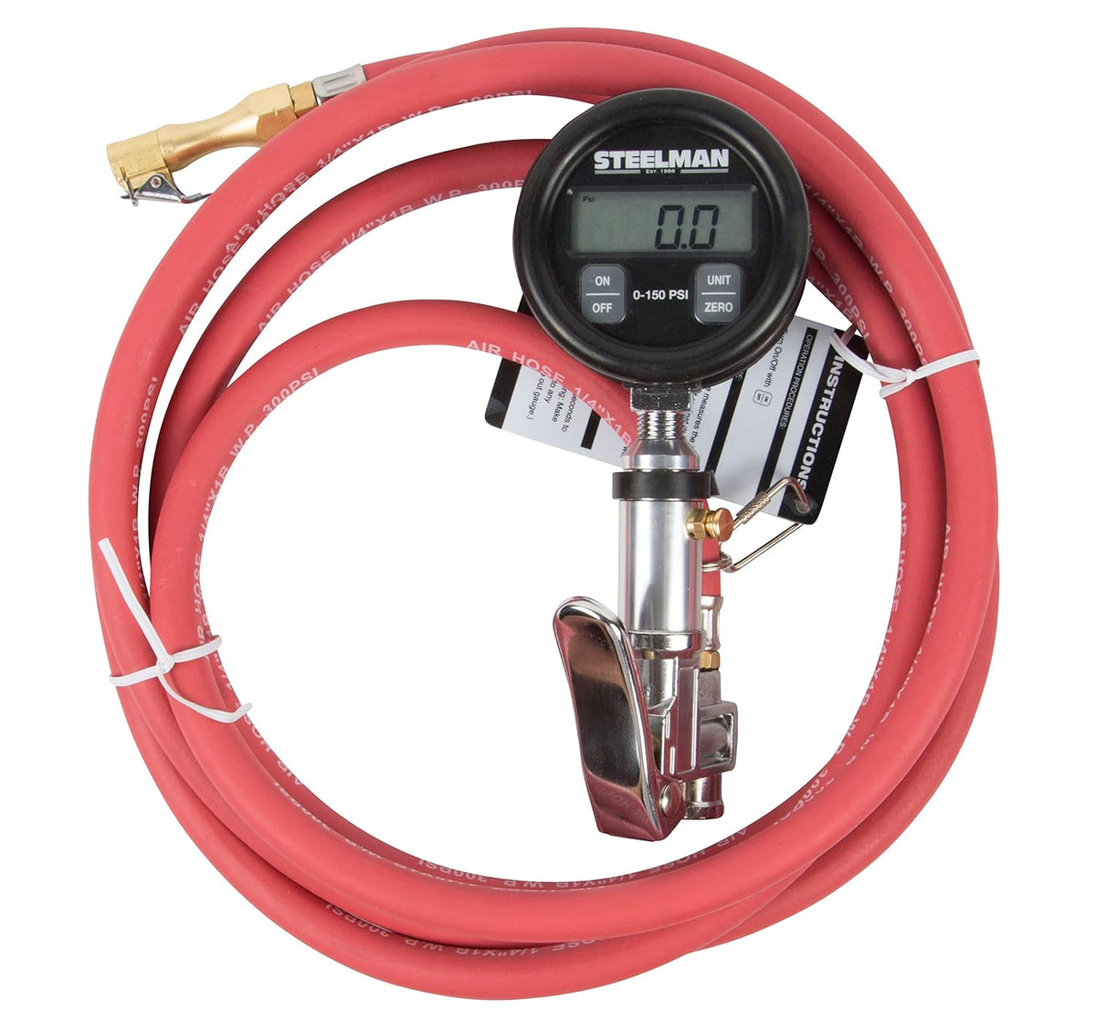 Steelman Digital Pressure Gauge Tire Inflator with 15-Foot Pneumatic Whip Hose, 0-150 PSI, Protective Casing