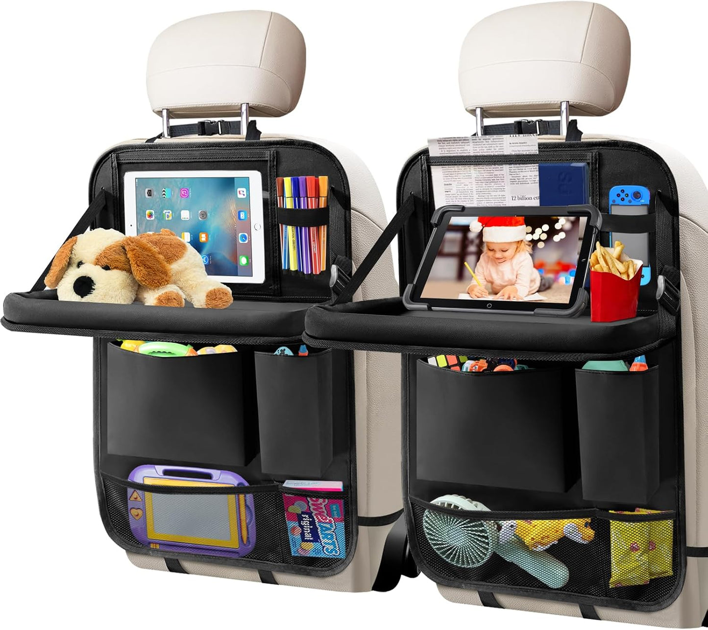 Car Backseat Organizer with Tablet Holder, 6 Storage Pockets Foldable Table Tray Seat Back Protectors Kick Mats Travel Accessories, 2 Pack Black