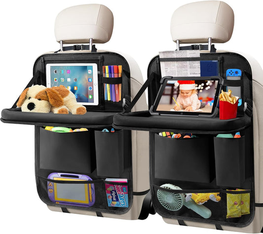 Car Backseat Organizer with Tablet Holder, 6 Storage Pockets Foldable Table Tray Seat Back Protectors Kick Mats Travel Accessories, 2 Pack Black