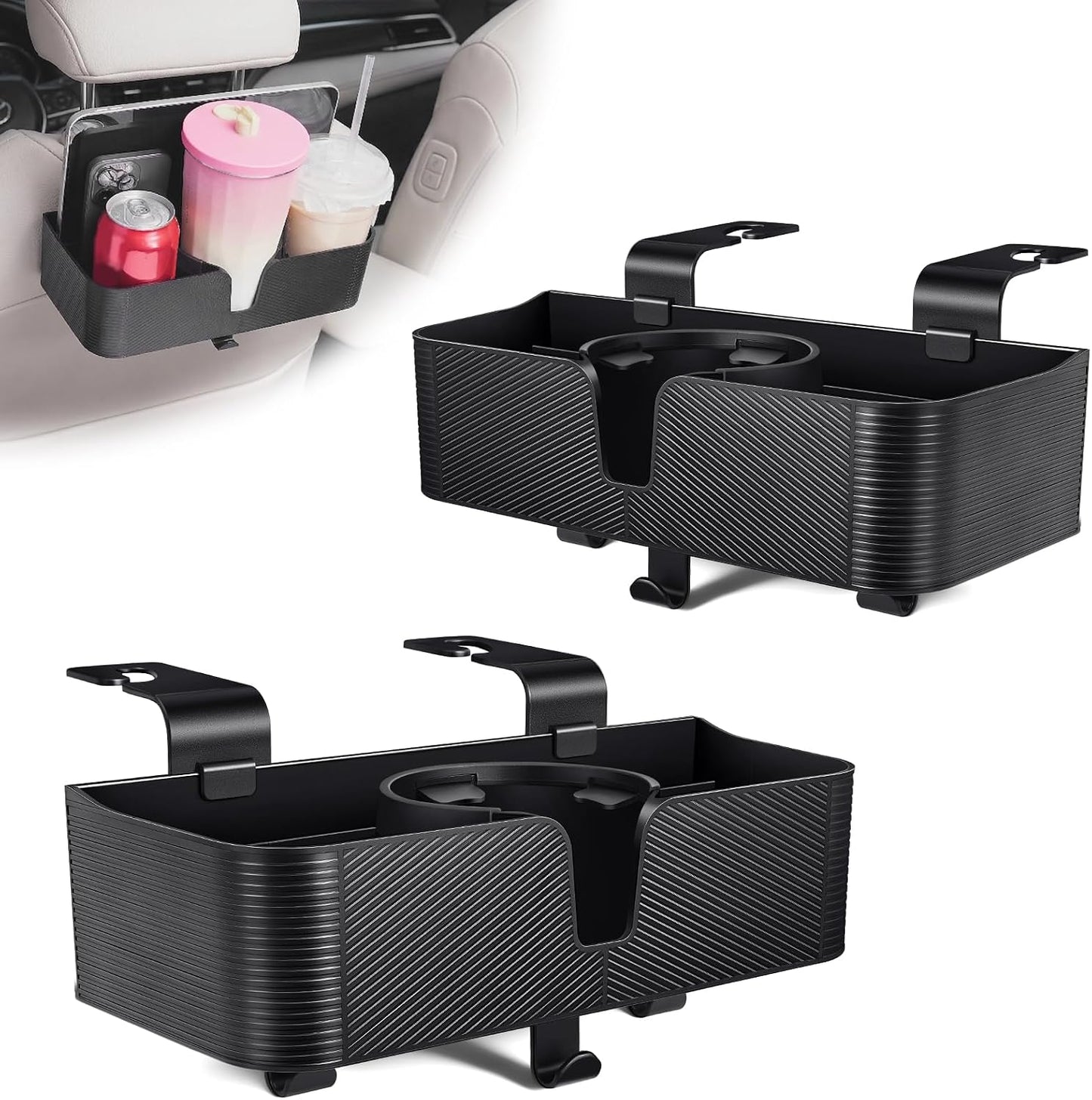 PBYMT 3 in 1 Car Headrest Backseat Organizer with 3.7" Cup Holder & Hooks, Seat Back Organizer Storage for Travel Accessories, Perfect for Kids, Road Trips, SUV, Truck - 2PCS