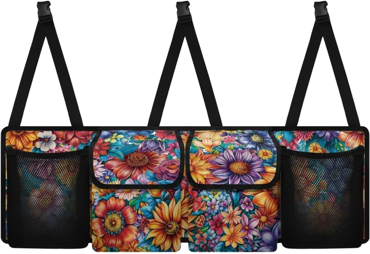 Boho Floral Flowers Backseat Trunk Organizer for Car Dahlia Hanging Cargo Bag Sturdy Trunk Storage Bag with 4 Storage Bags and 3 Adjustable Buckles