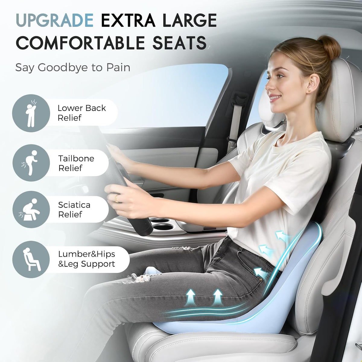 Car Seat Cushion and Lumbar Support Pillow, Larger Memory Foam Seat Cushion, Ergonomic L-Shaped Design Cushion for Back Pain Relief, Non-Slip Driving Cushion for Car, Office, Truck, Gifts for Mom-Blue